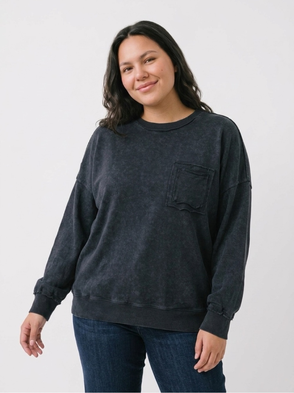 Zenana Black Mineral Wash Oversized Distressed Pocket Sweatshirt – Size L - Picture 2 of 8